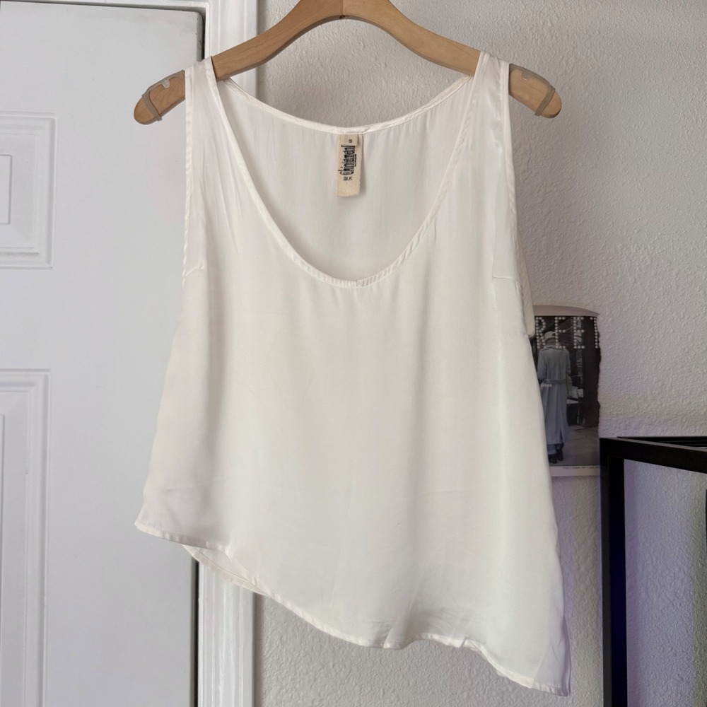 CHINTAMANI white silk asymmetrical hem cropped scoop crew neck tank top